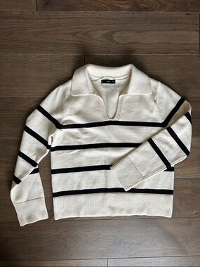 Mango Black and Cream Striped Polo Sweater, V-Neck Sweater